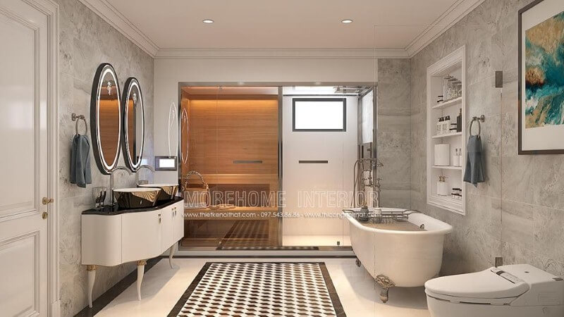 Bố trí phòng tắm đứng kết hợp phòng xông hơi gia đình, bồn tắm đẹp, sang trọng. Mẫu nội thất biệt thự đẹp