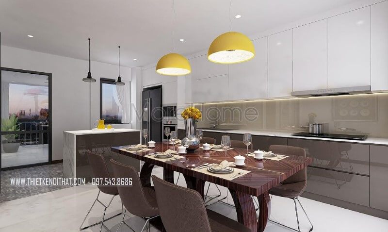 Bộ bàn ghế phòng ăn gỗ nguyên tấm sẫm 6 ghế màu kết hợp cùng tone sáng từ tủ bếp tạo nên vẻ đẹp hài hòa, sang trọng cho phòng bếp hiện đại.